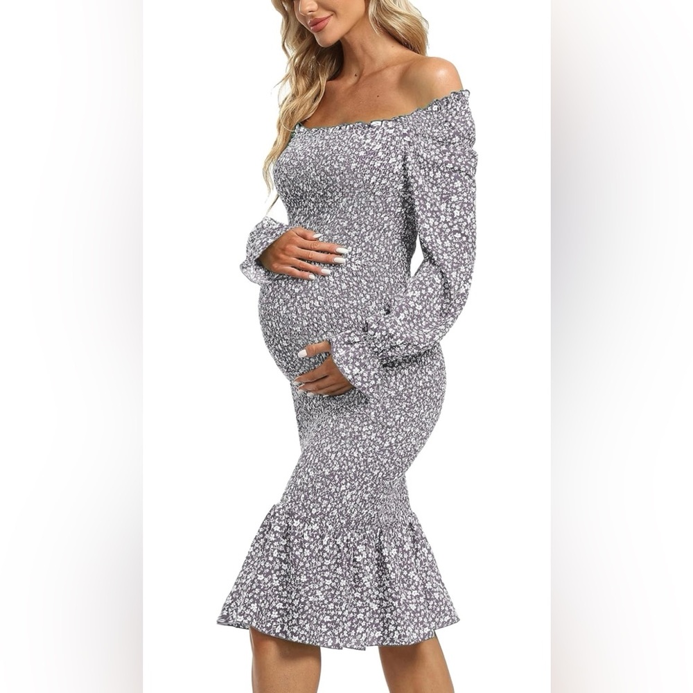 NWT. Floral, Off-Shoulder Long Sleeve Puff Maternity Dress.
